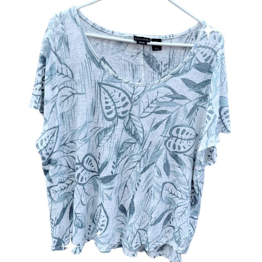 Tahari 100% linen size 2X plant print top.